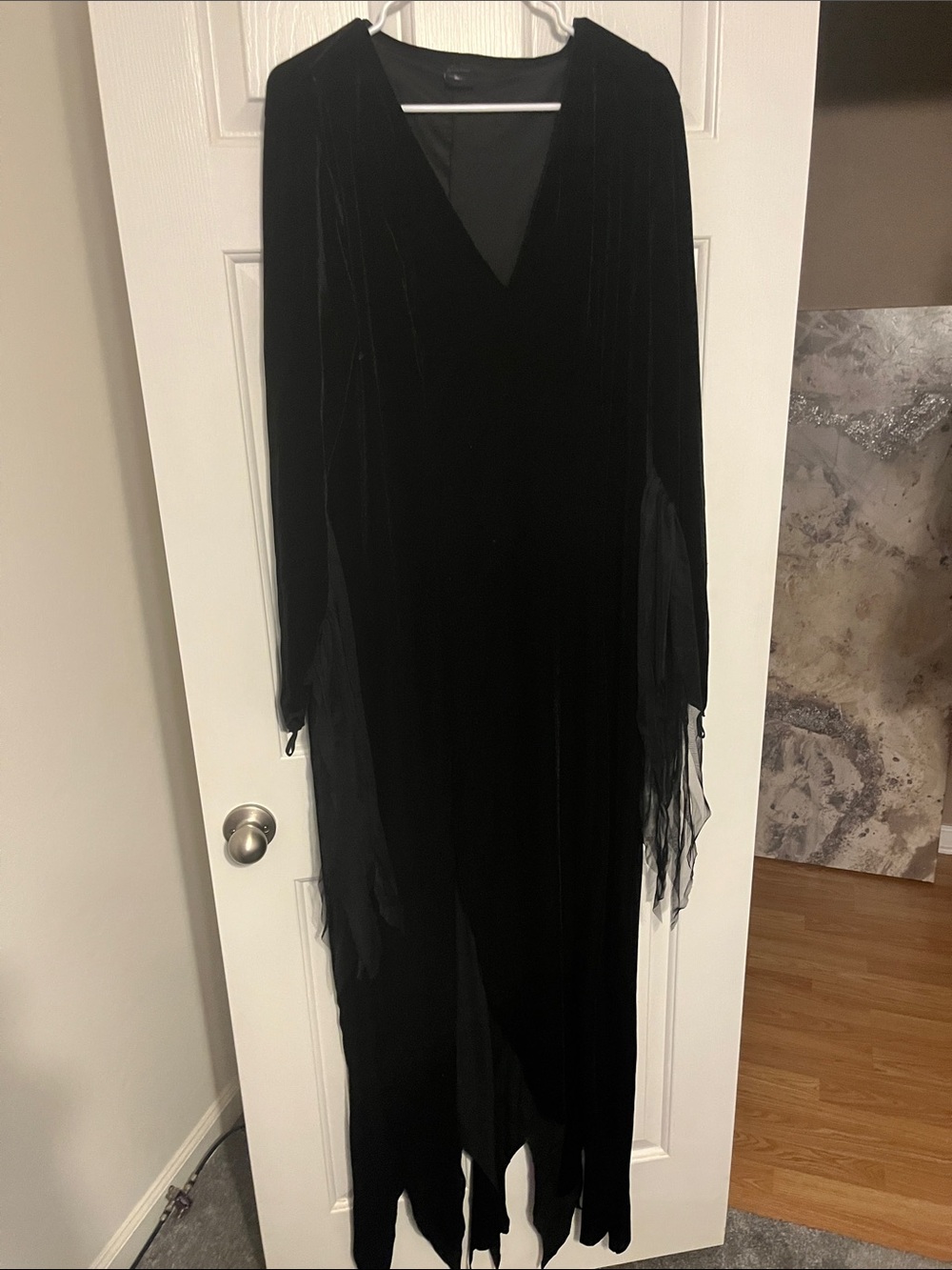 Adams Family Women’s Black V‑Neck Maxi Dress with Sheer Draped Sleeves